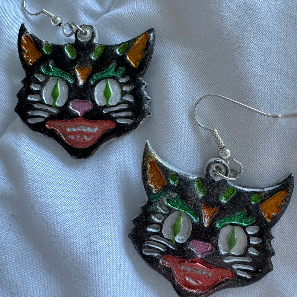 Whimsical Cat Face Earrings in Black and Green Handmade!